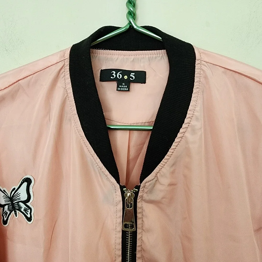 Y2K 36.5 Pink Longline Bomber Jacket with Patches Womens S Windbreaker Retro
